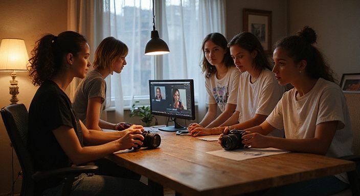 A group of women collaborates in a relaxed home office setting. A group of women collaborates in a relaxed home office setting.