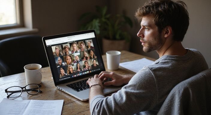A person engages with a laptop displaying webcam performer thumbnails. A person engages with a laptop displaying webcam performer thumbnails.