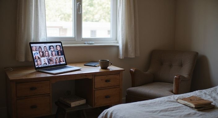A serene bedroom featuring a laptop displaying diverse webcam performers. A serene bedroom featuring a laptop displaying diverse webcam performers.