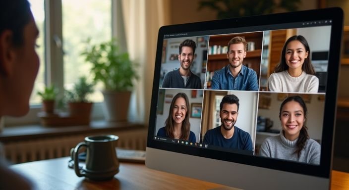 Video chat interface showing six participants in casual, cosy environments. Video chat interface showing six participants in casual, cosy environments.