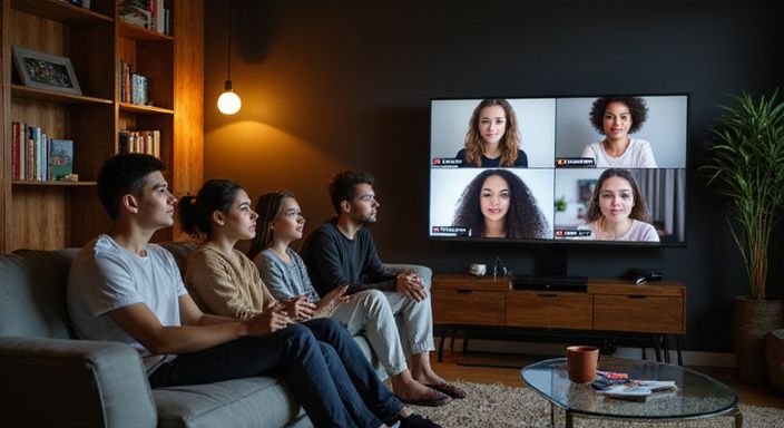 Five young adults enjoy a virtual show together on a sofa. Five young adults enjoy a virtual show together on a sofa.