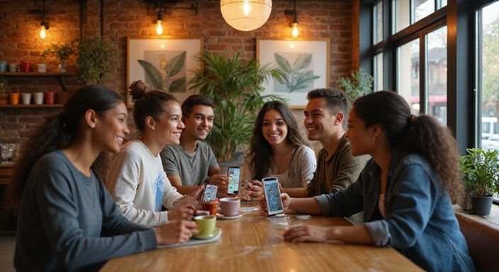 A lively group of young adults enjoying conversation in a coffee shop. A lively group of young adults enjoying conversation about flirt contact in Austria in a coffee shop.
