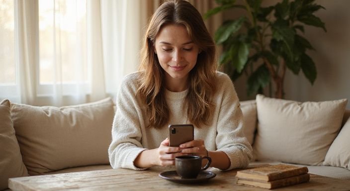 A young woman relaxes on a sofa, engaging with her smartphone. A young woman relaxes on a sofa, engaging with her smartphone looking for flirt contact in Austria.