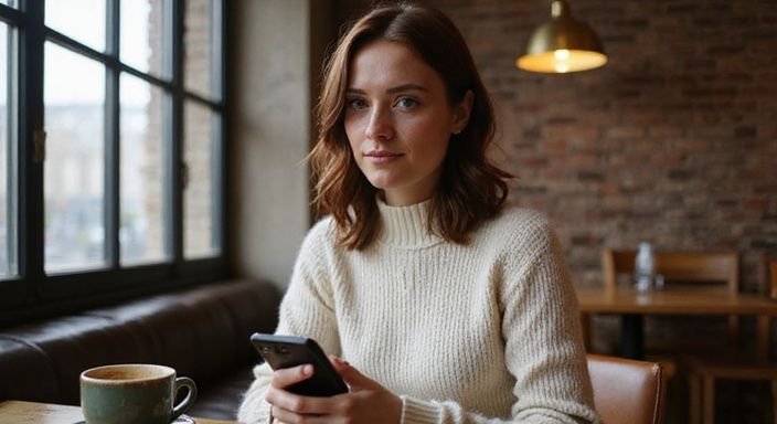 A woman engages with her smartphone in a cozy café. A woman engages with her smartphone in a cozy café.