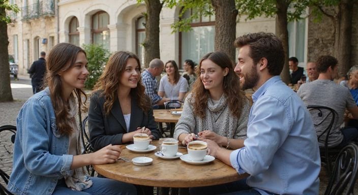 A lively outdoor café scene with engaged patrons enjoying coffee together. A lively outdoor café scene with engaged patrons enjoying coffee together.