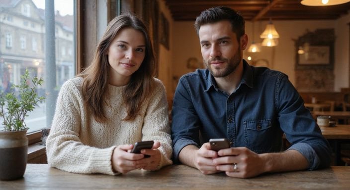 A young couple enjoys coffee while absorbed in their smartphones. A young couple enjoys coffee while absorbed in their smartphones.
