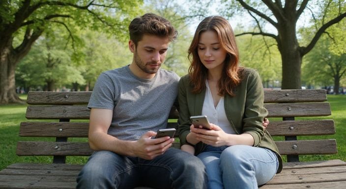 Two young adults share a quiet moment on a park bench. Two young adults share a quiet moment on a park bench.