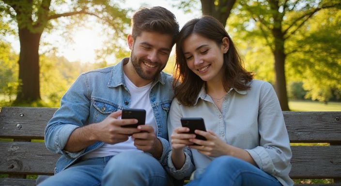 A young couple enjoys the Hinge app on a park bench. A young couple enjoys the Hinge app on a park bench.