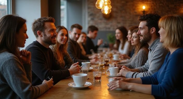 A diverse group enjoys an intimate dating event in a café. A diverse group enjoys an intimate dating event in a café.