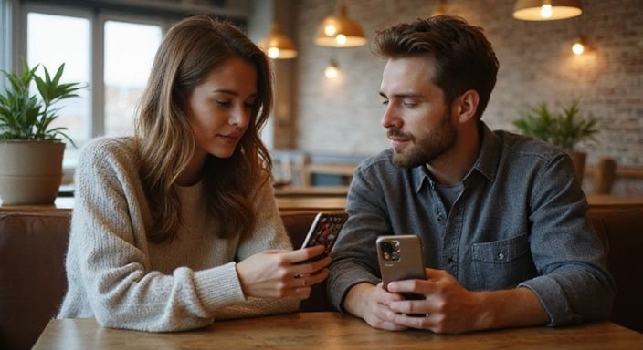 A couple uses their phones in a cosy café setting. A couple uses their phones in a cosy café setting.