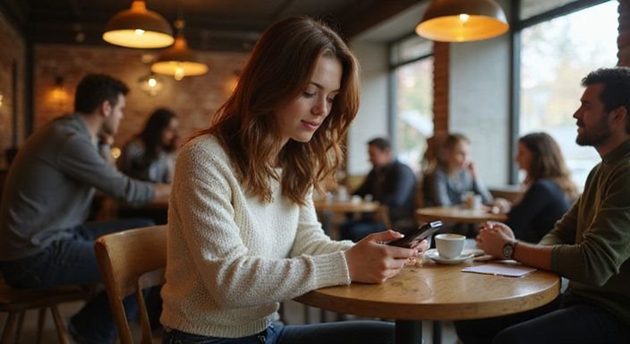 A woman in a cafe smiles while using her smartphone. A woman in a cafe smiles while using her smartphone, she wants flirt contact in Austria.