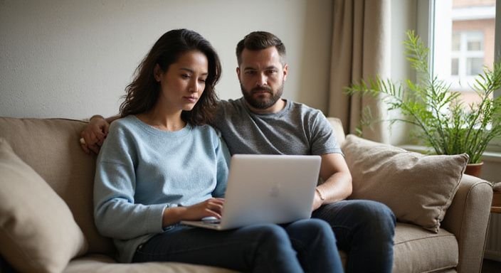 A couple exploring matchmaking options together on a cozy sofa. A couple exploring matchmaking options together on a cozy sofa.