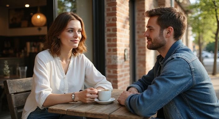 A couple enjoys an intimate conversation at a cafe table. A couple enjoys an intimate conversation at a cafe table.