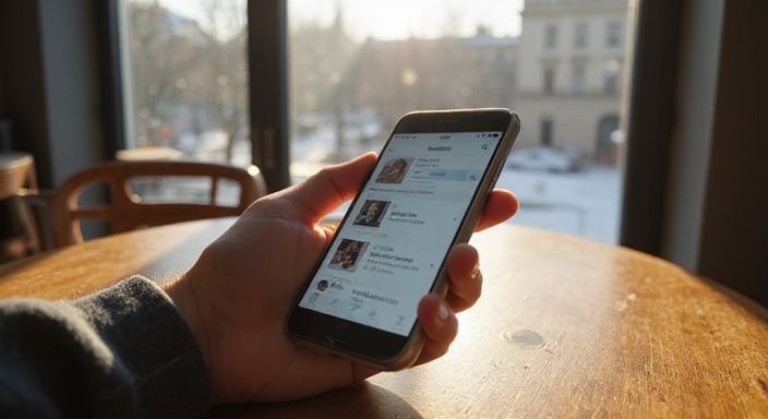 A hand holds a smartphone displaying profiles from a dating app. A hand holds a smartphone displaying profiles for flirt contact in Austria from a dating app.
