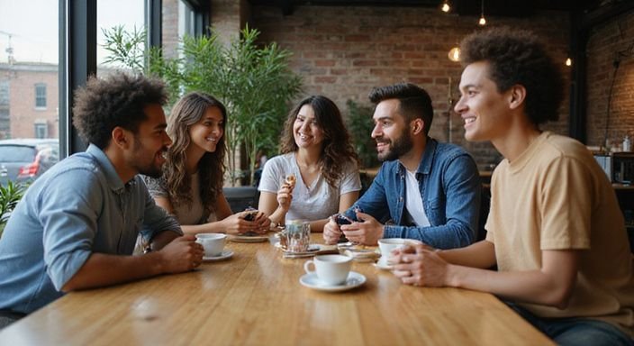A group of young adults enjoying conversation and coffee together. A group of young adults enjoying conversation about flirt contact in Austria