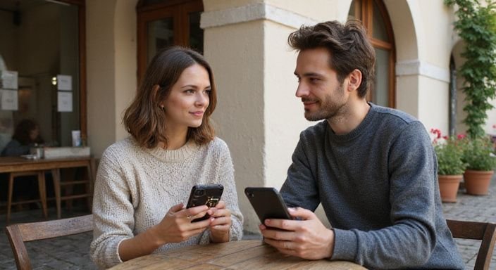 A couple engaged in conversation at an outdoor café table. A couple engaged in conversation at an outdoor café table looking for flirt contact in Austria.